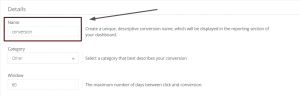 Outbrain conversion setup with the Name field for the conversion