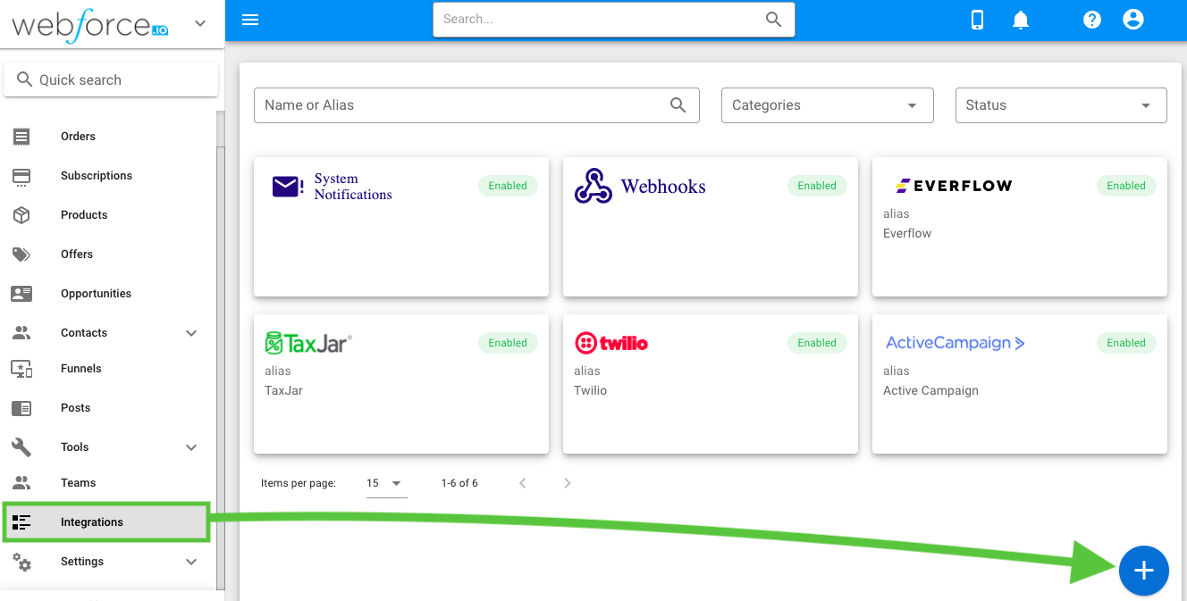 WebForce Integrations page with the Everflow Configure option