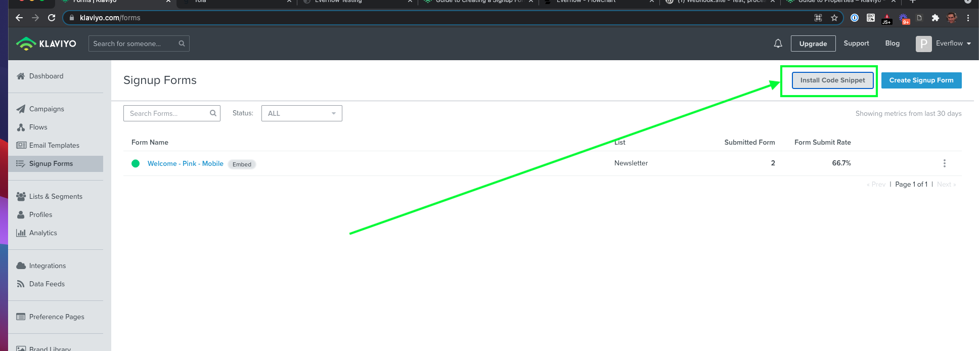Klaviyo signup form with the Install Code Snippet option