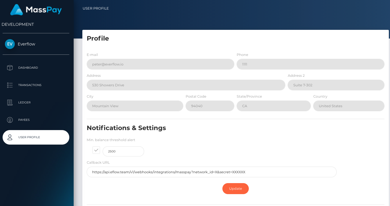 MassPay Callback URL field set to the Everflow webhook URL