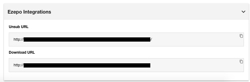 Ezepo integration card showing the Unsubscribe URL and Download URL fields