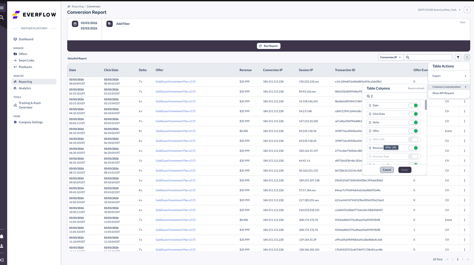 Conversion Report with Table Columns customization panel showing toggles for Date, Click Date, Delta, Offer, Revenue, and other fields