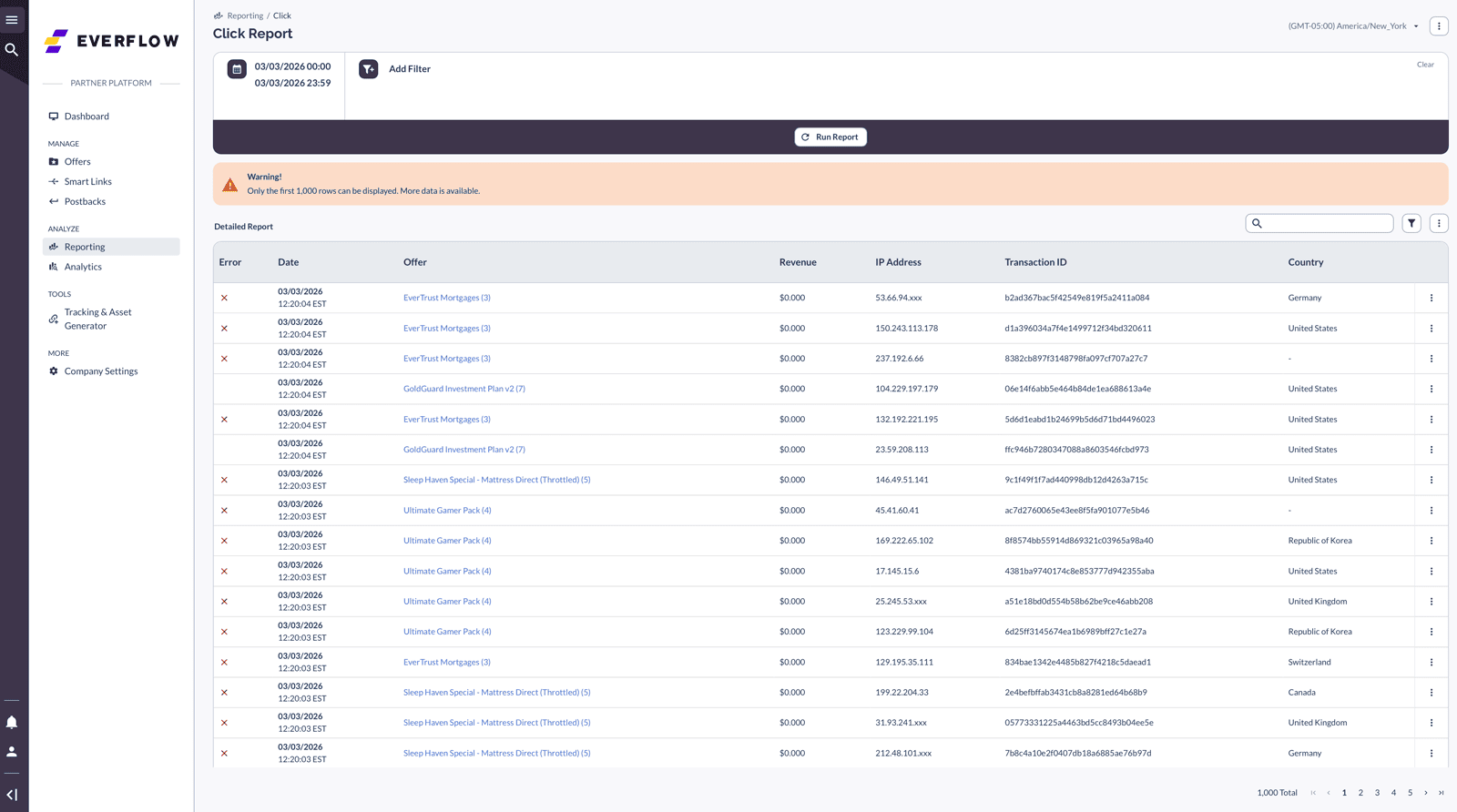 Click Report showing recorded clicks with Transaction IDs and country data