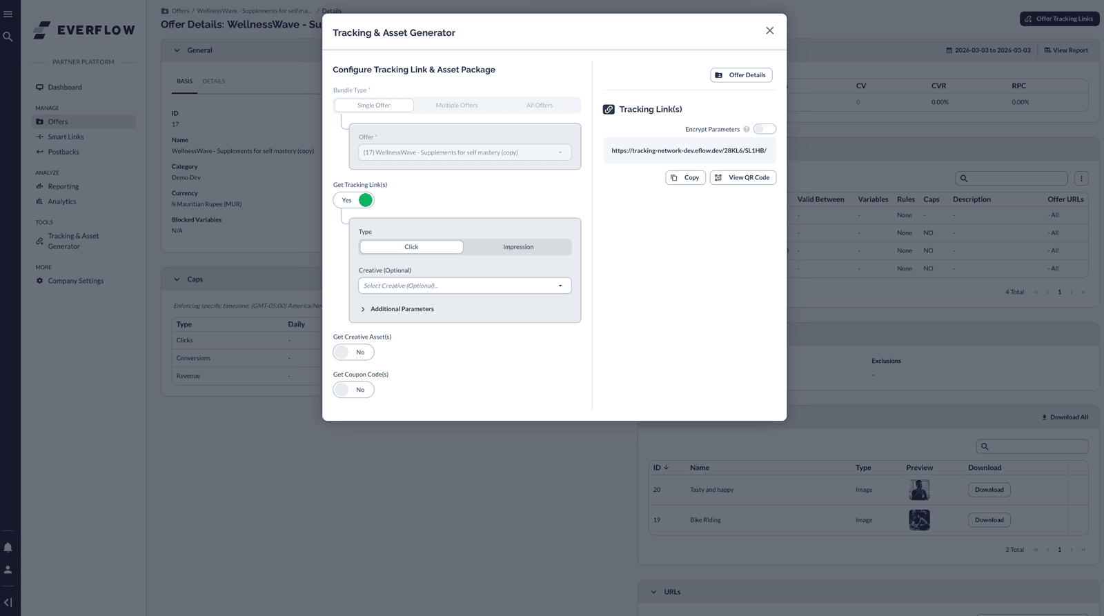 Tracking and Asset Generator showing the correct tracking link format with Copy button