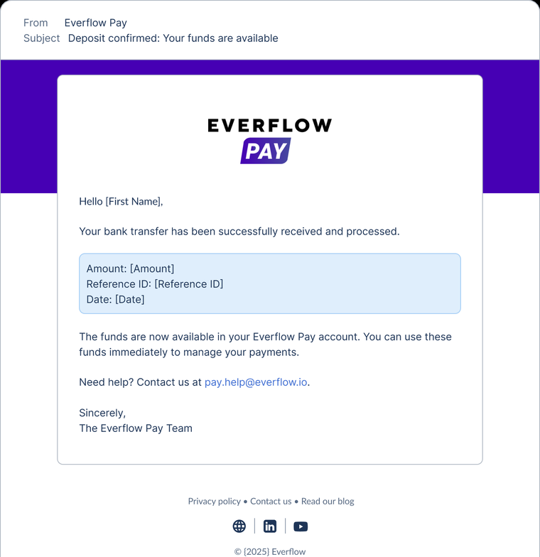 Email confirming your funds are available
