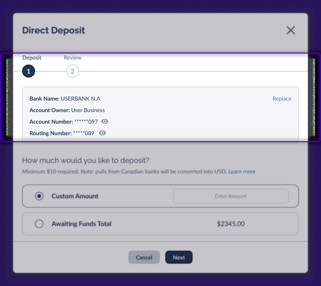 Saved bank account with the Replace option
