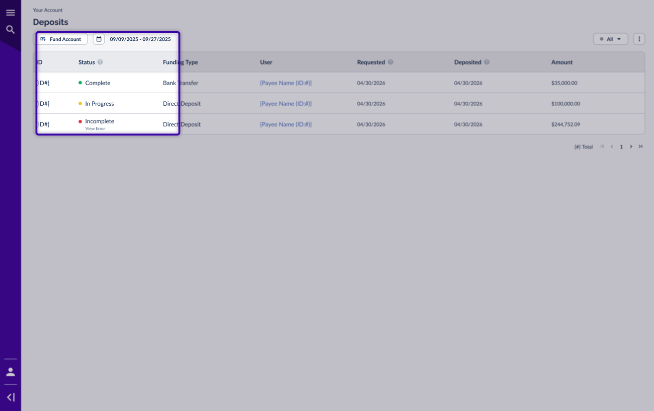Deposits list with the Status column highlighted