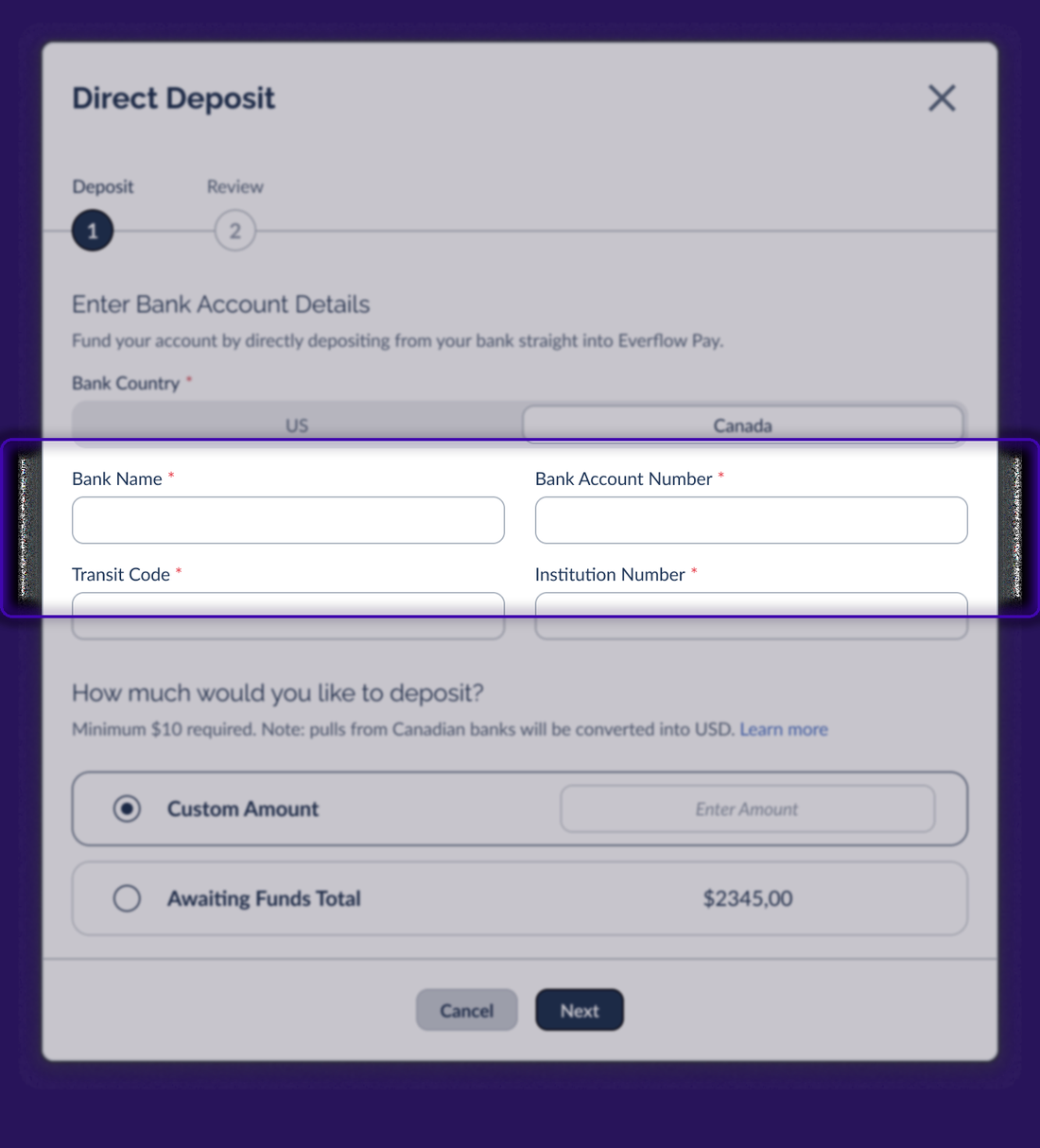 Canadian bank fields: Transit Code and Institution Number highlighted