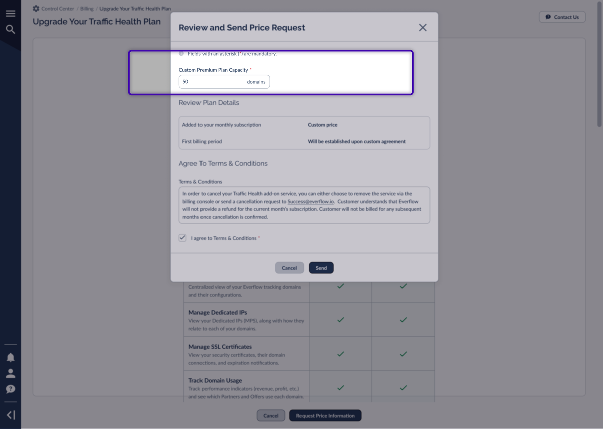 The custom price request window with the number-of-domains field filled in and the Send button enabled