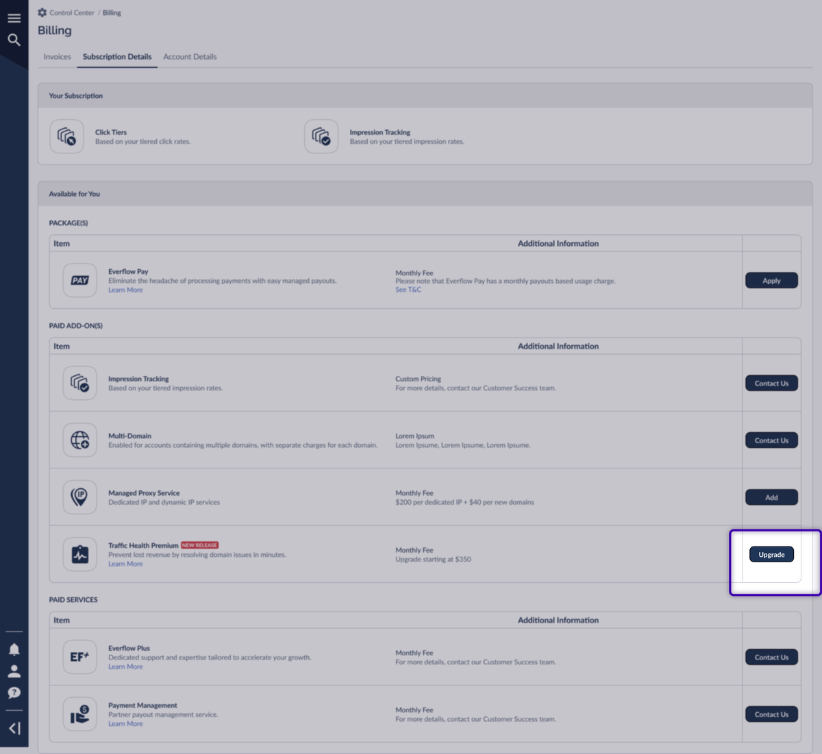 The Traffic Health Premium row in the paid add-ons table on the Subscription Details tab, with an Upgrade button