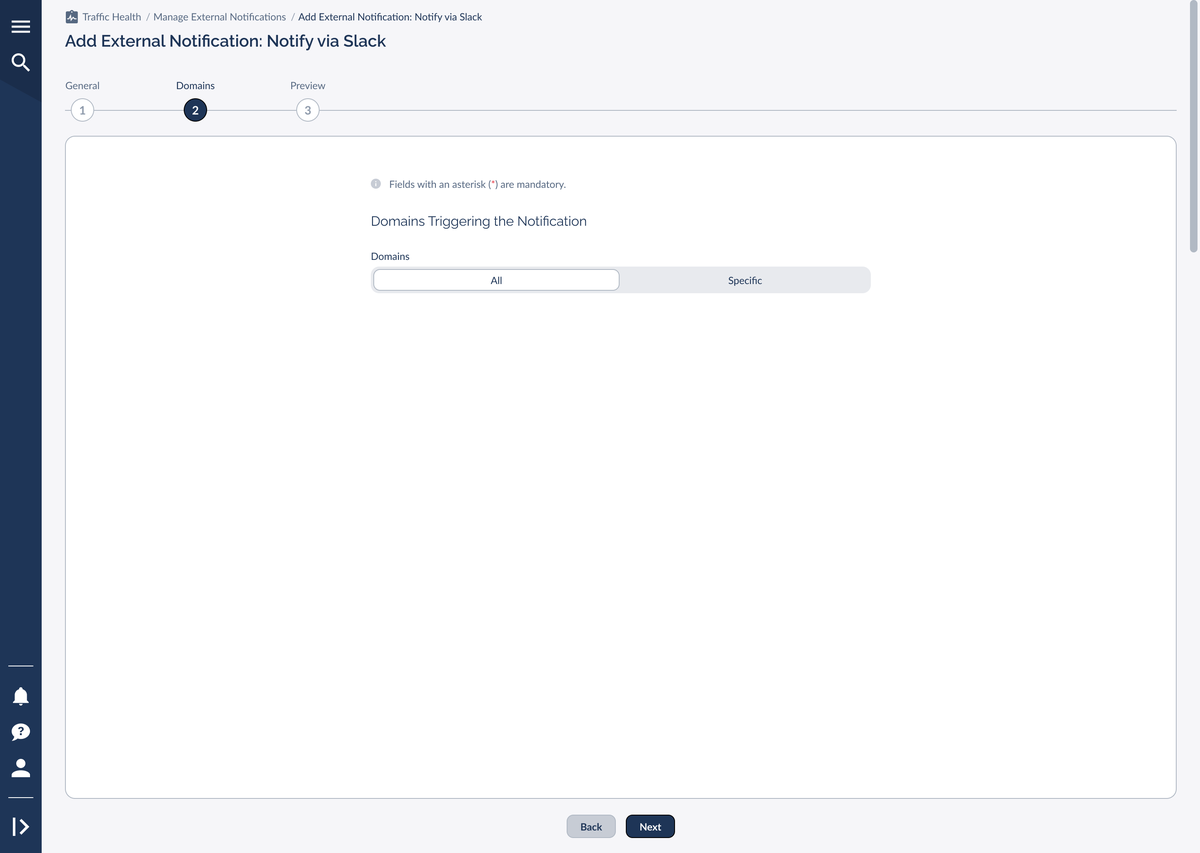 The Domains step with the All / Specific toggle set to All
