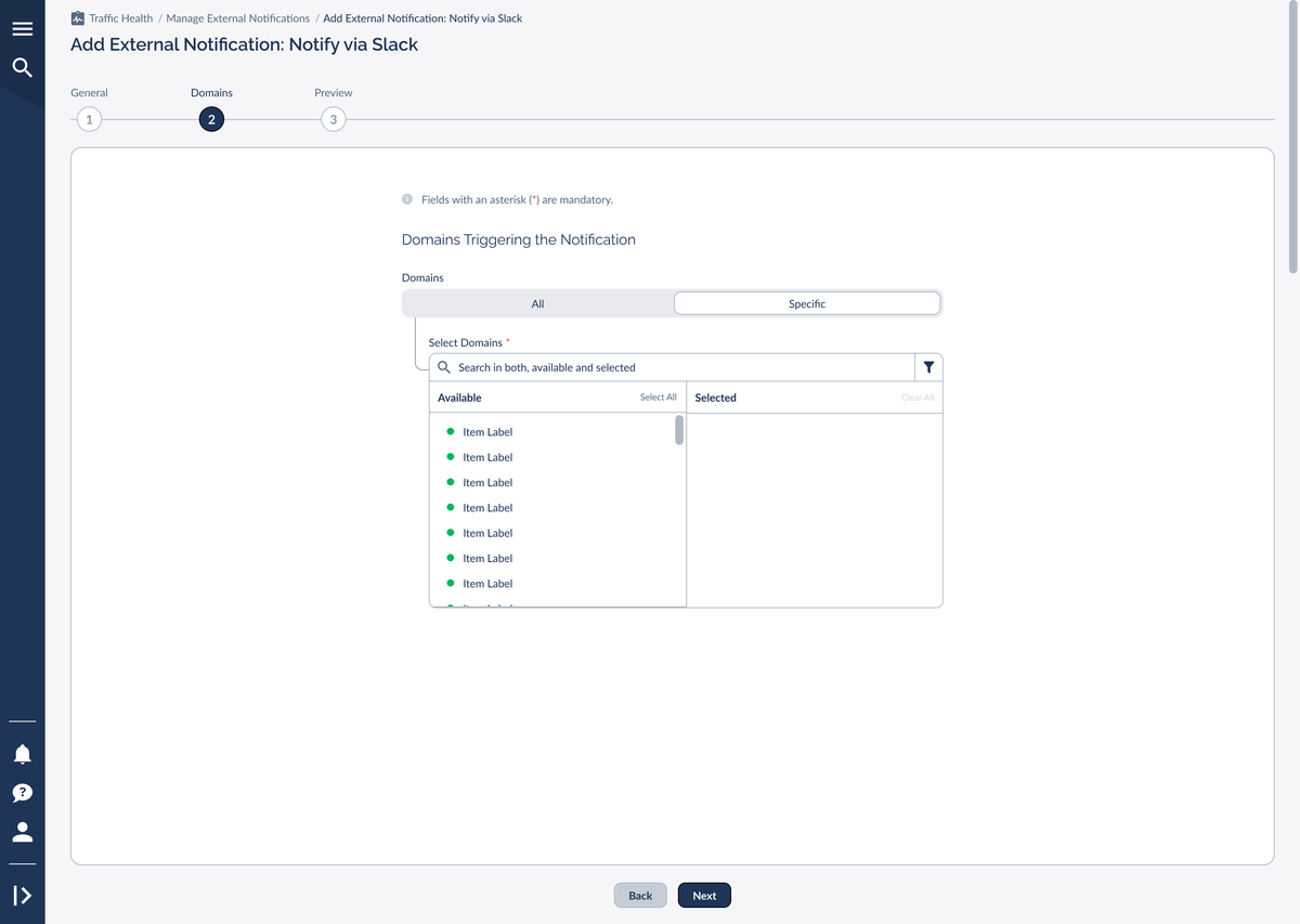The Specific domain picker with Available and Selected panes
