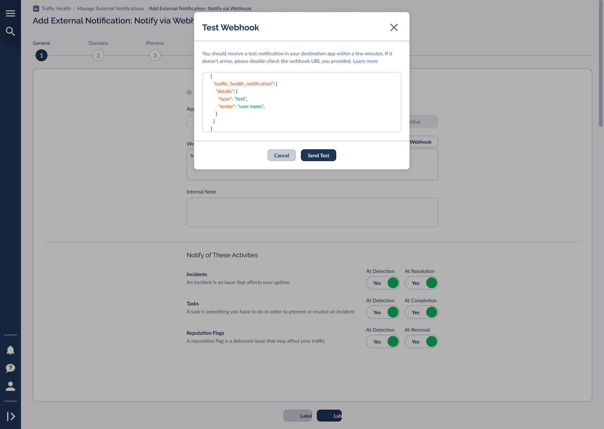 The Test Webhook modal showing the JSON test payload