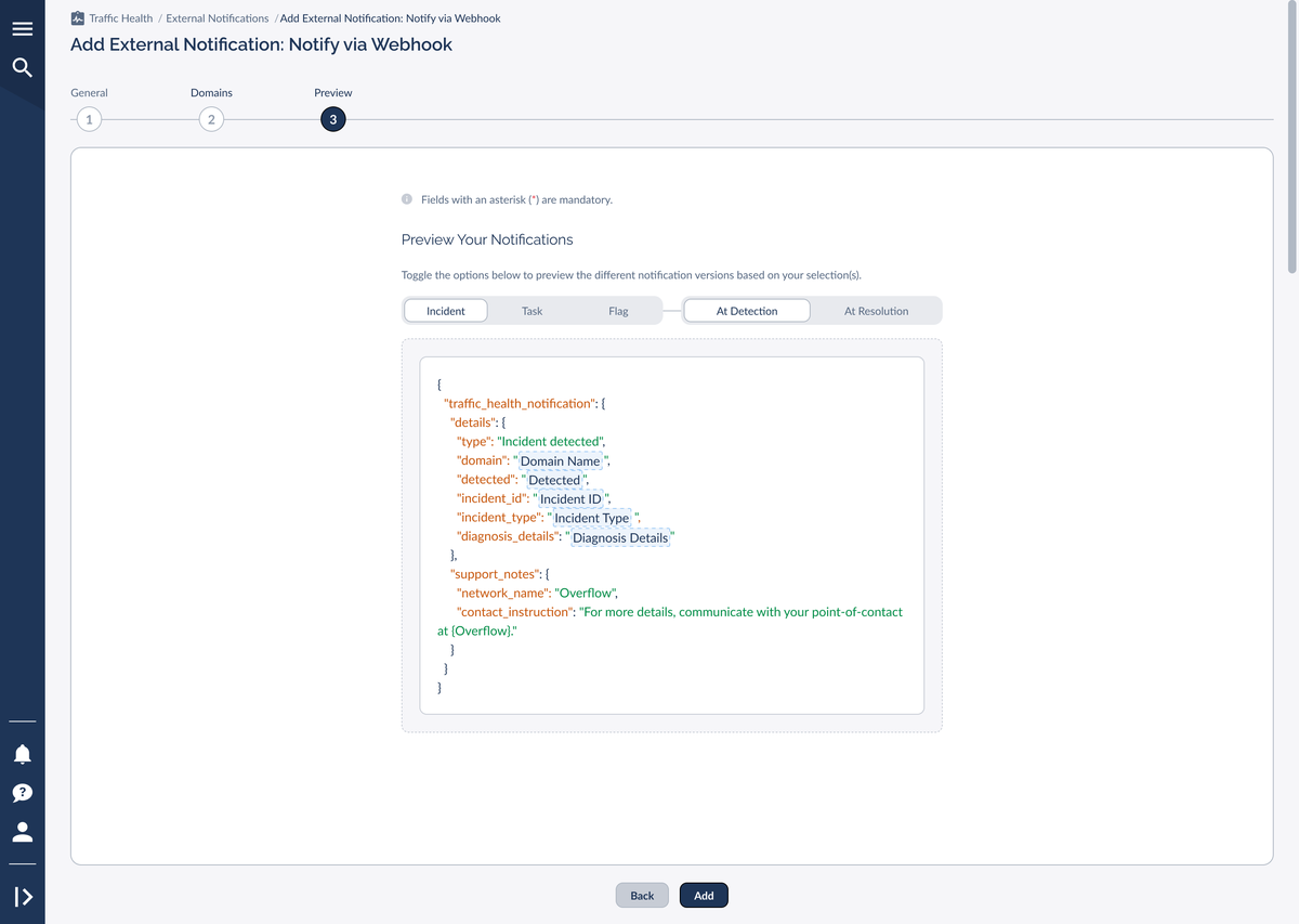 The Webhook Preview step showing the full JSON notification body