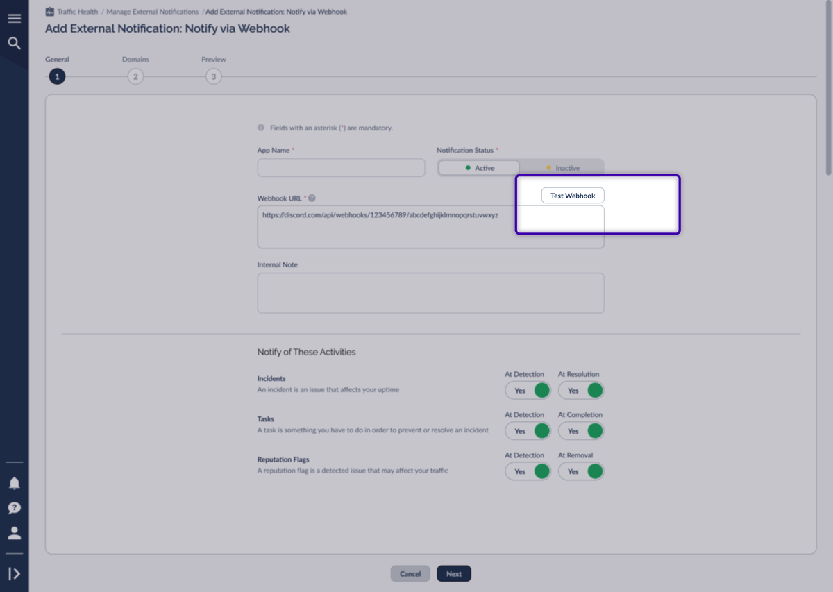 The Webhook notification wizard, Step 1 General, with the Webhook URL field