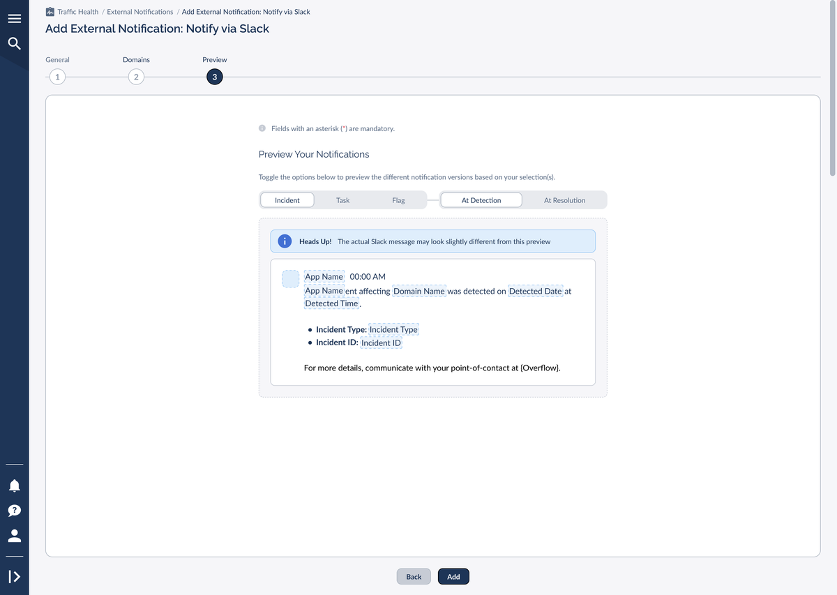 The Slack Preview step showing the message card and Heads Up banner