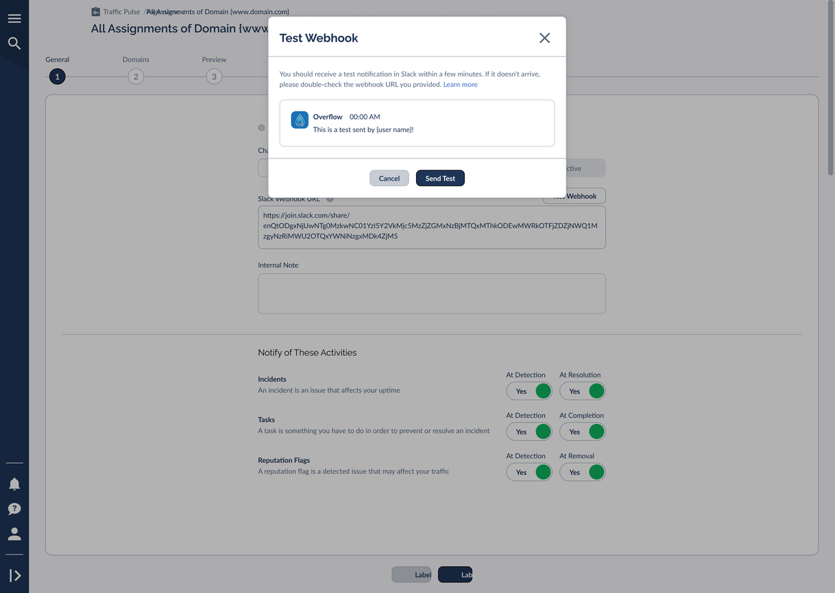 The Test Webhook confirmation modal for Slack with a sample message preview