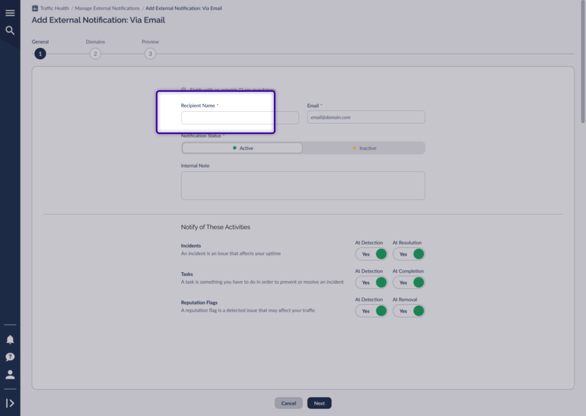 The Email notification wizard, Step 1 General, with Recipient Name and Email fields