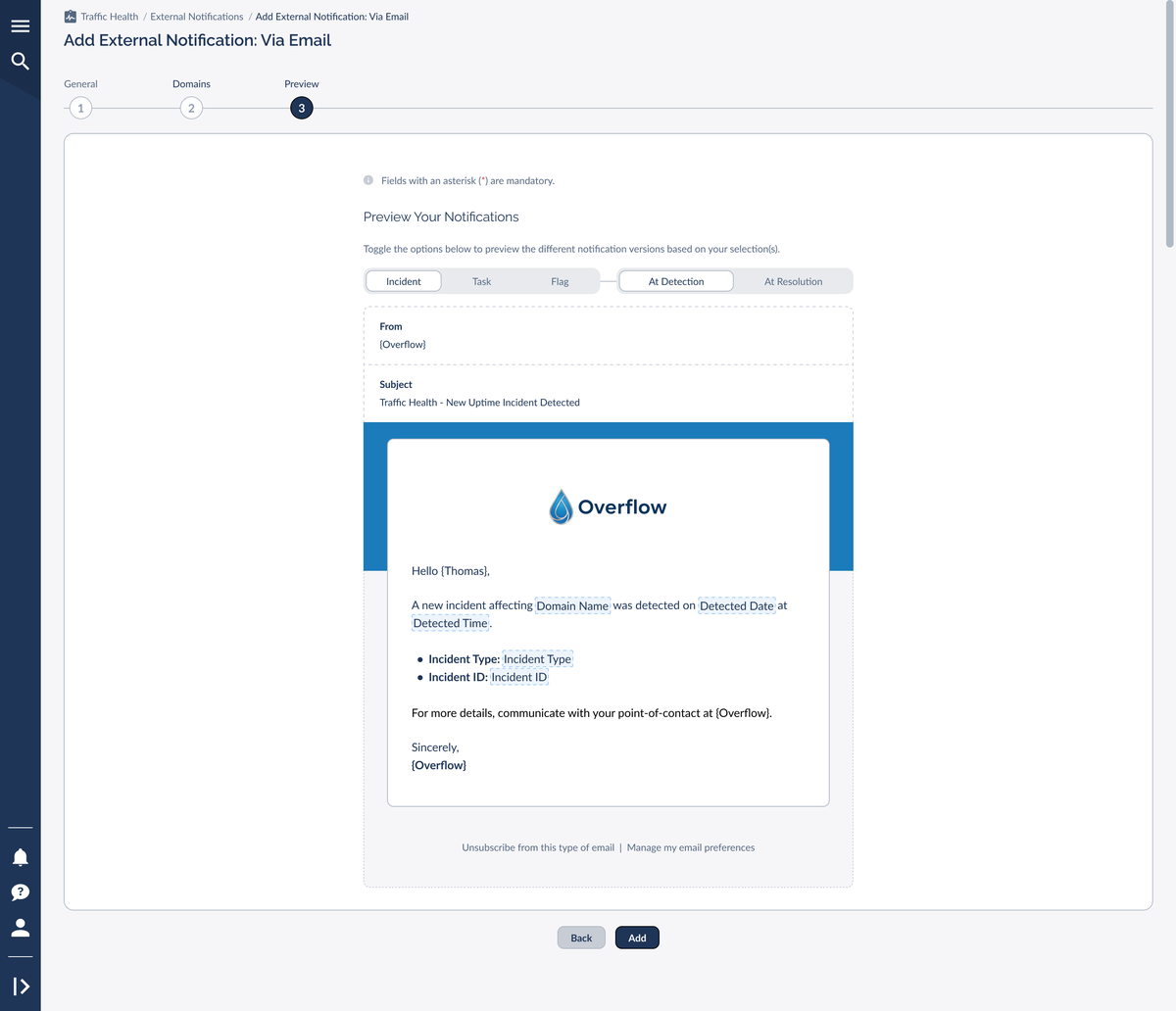 The Email Preview step showing the rendered message and the type and stage toggles