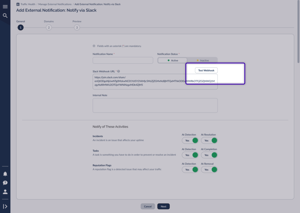 The Slack notification wizard, Step 1 General, with the Slack Webhook URL field and Test Webhook button