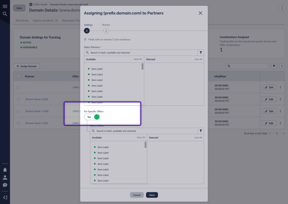 Assign to Partners wizard with the For Specific Offers toggle set to Yes, revealing a second Select Offers list