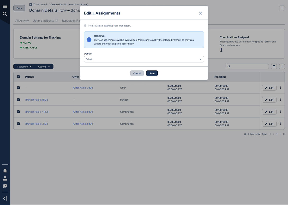 The Edit Assignments bulk modal moving several selected assignments to a single new domain