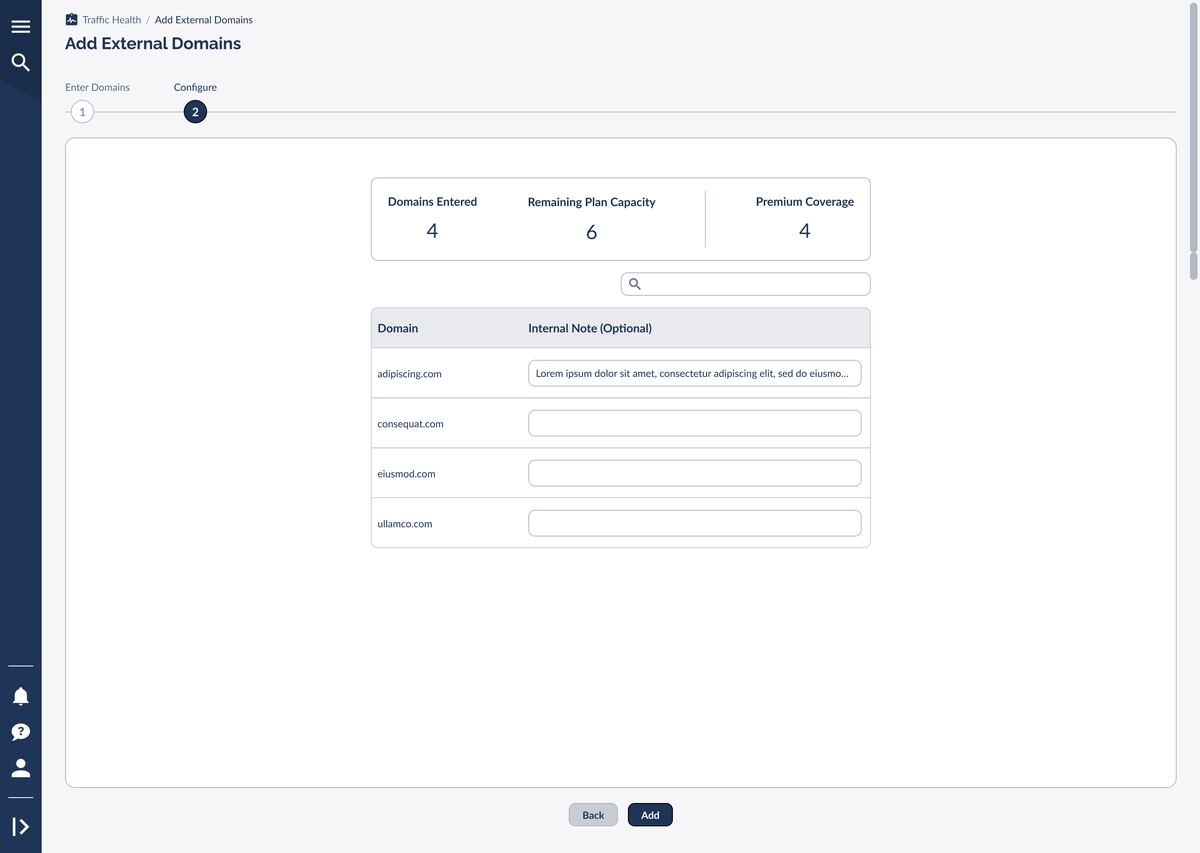 Step 2 (Configure) within plan capacity, showing the Domains Entered, Remaining Plan Capacity, and Premium Coverage counters plus the per-domain Internal Note column