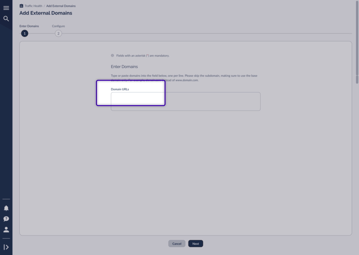 Step 1 of the Add External Domains wizard with the Domain URLs paste field and the one-per-line, base-domain-only helper text