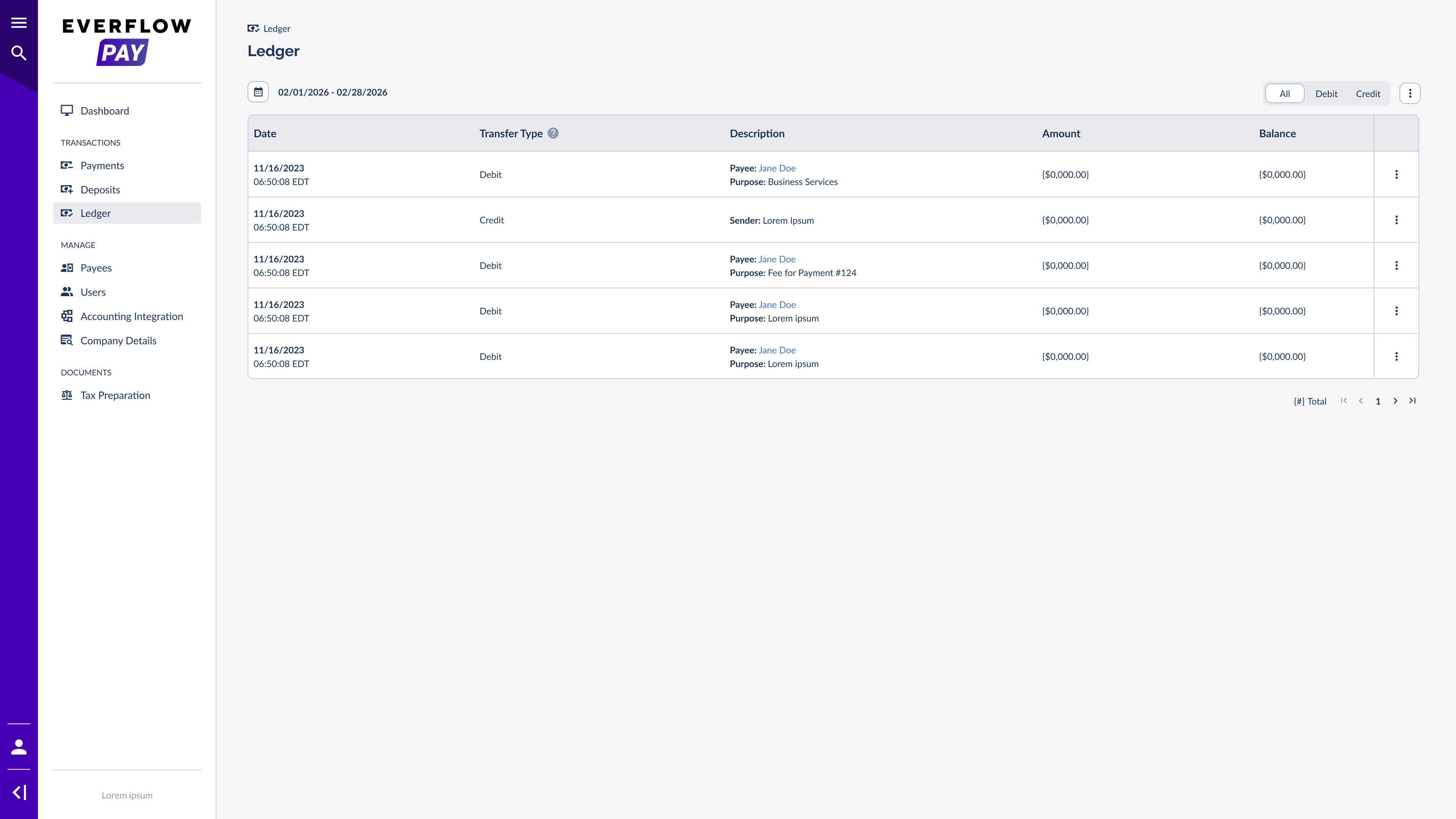 Everflow Pay sidebar showing the Ledger view under Transactions