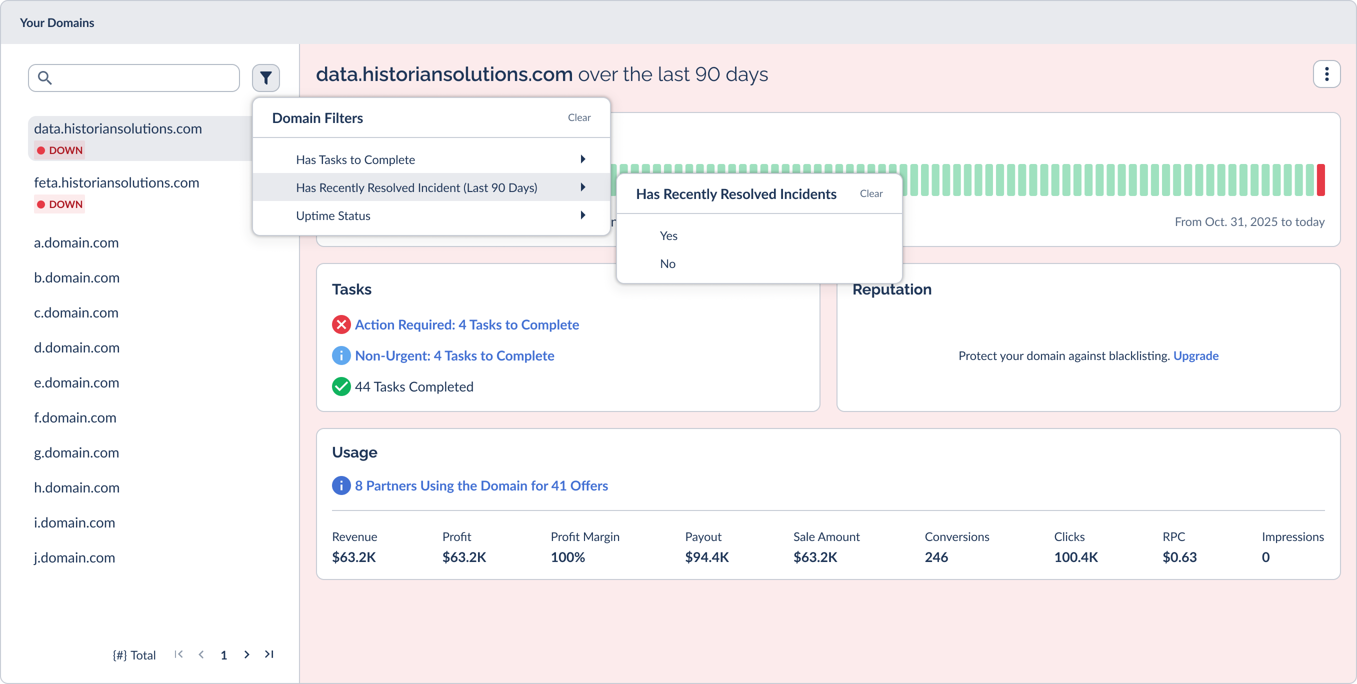 The Your Domains list with the Domain Filters flyout open, showing filters for tasks, resolved incidents, and uptime status