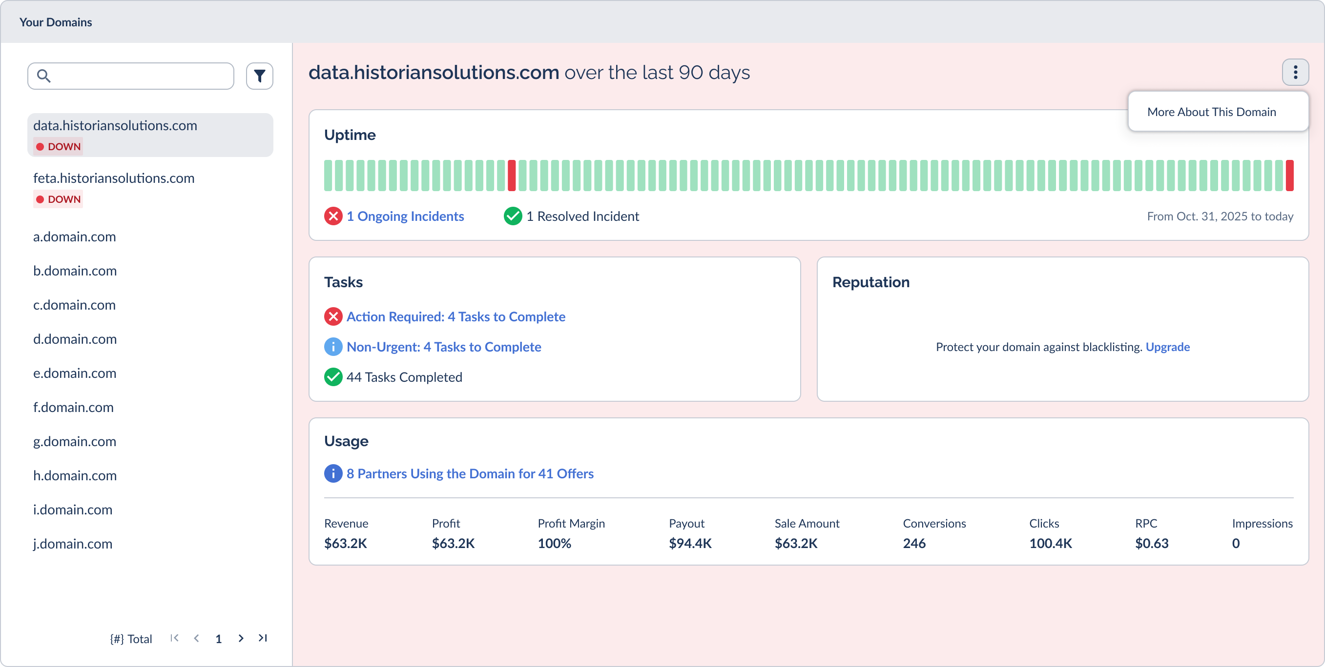 A selected domain's detail panel showing the Uptime, Tasks, Reputation, and Usage cards next to the Your Domains list
