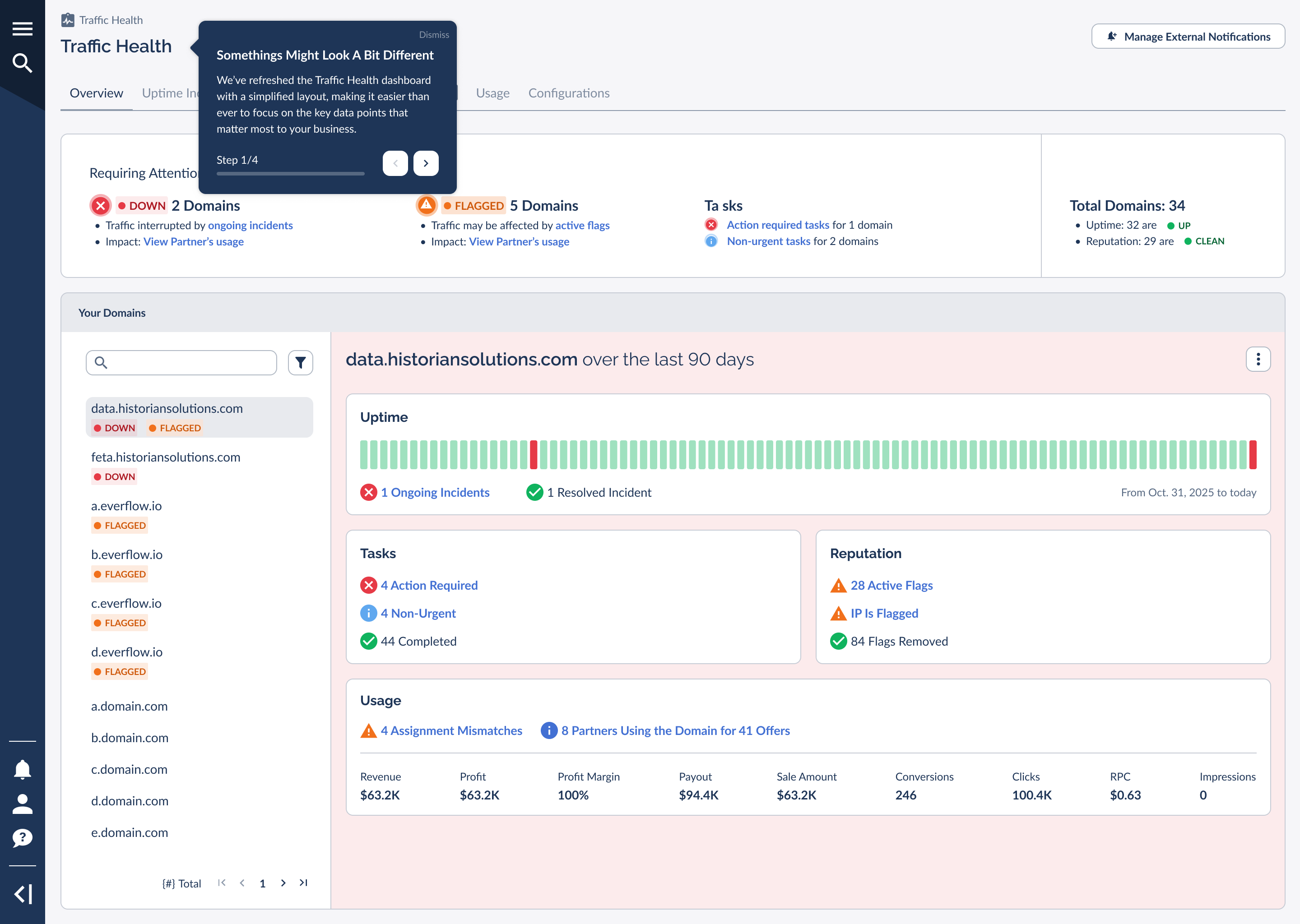 The redesigned Traffic Health Overview: a tab bar at the top, a Requiring Attention band, and the Your Domains list