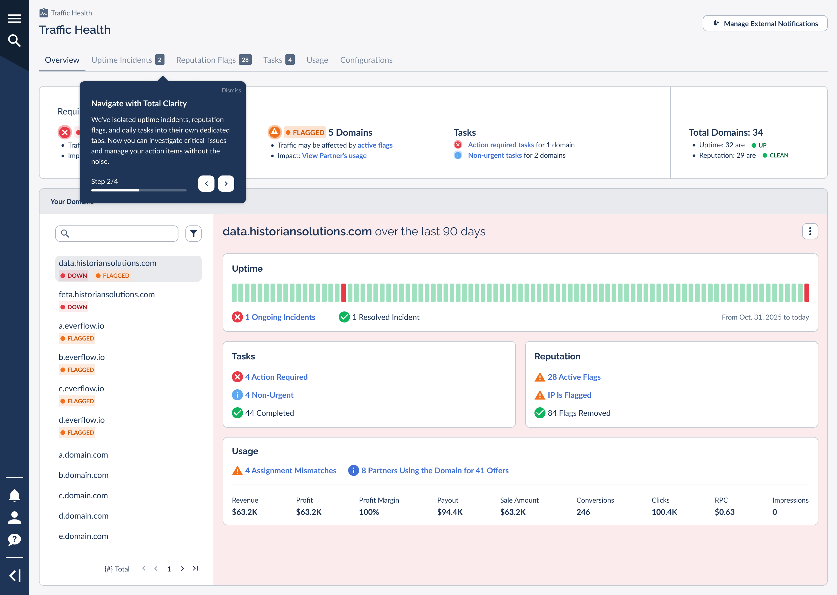 The Traffic Health tab bar with count badges on Uptime Incidents, Reputation Flags, and Tasks