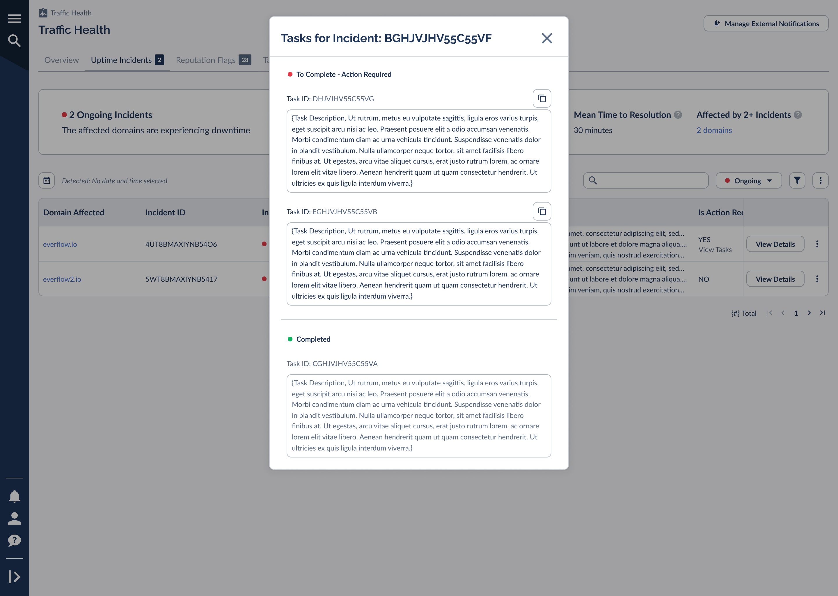 The Tasks for Incident view listing tasks grouped by status with instructions