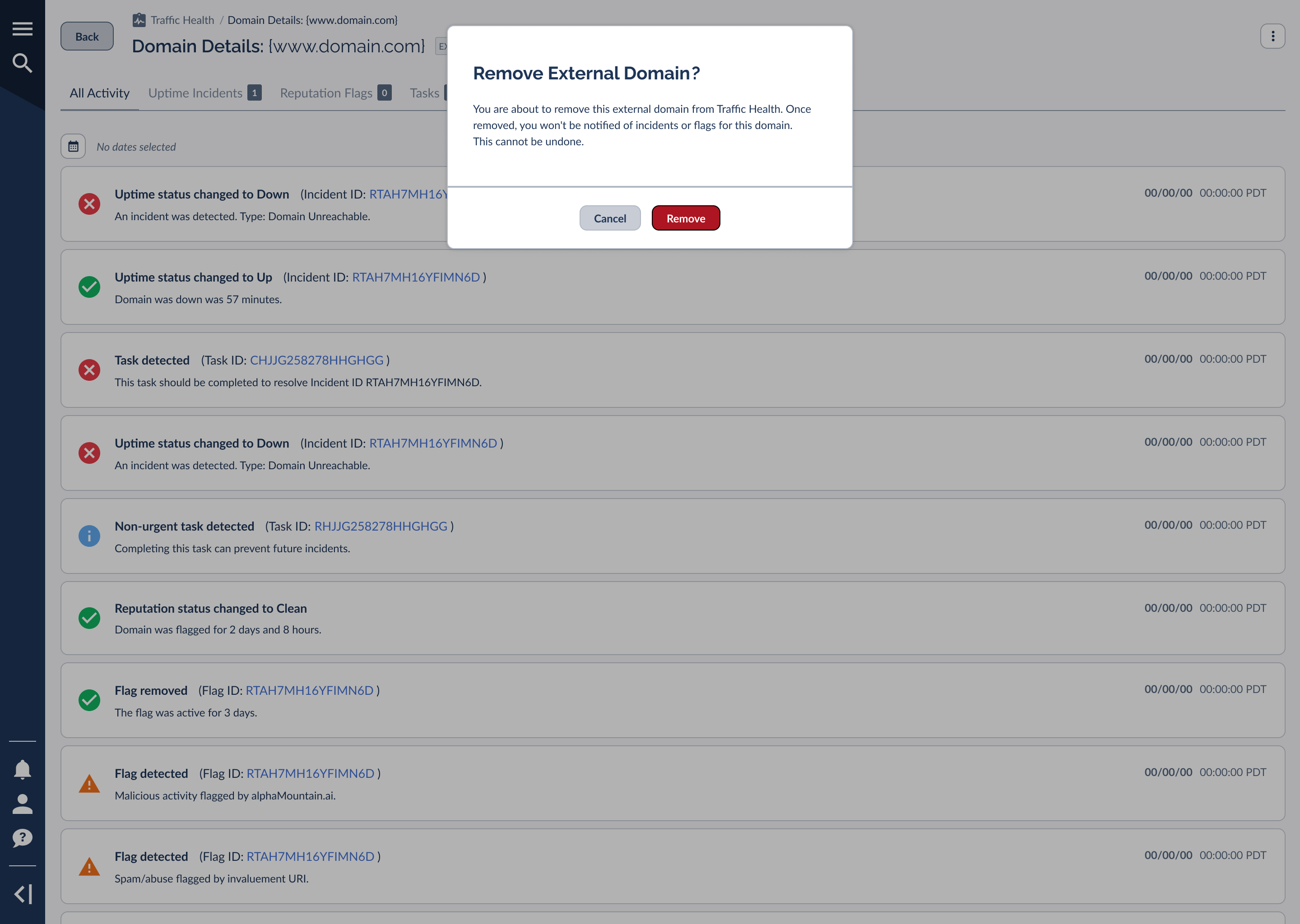 The Remove External Domain confirmation modal warning that alerts will stop and the action cannot be undone
