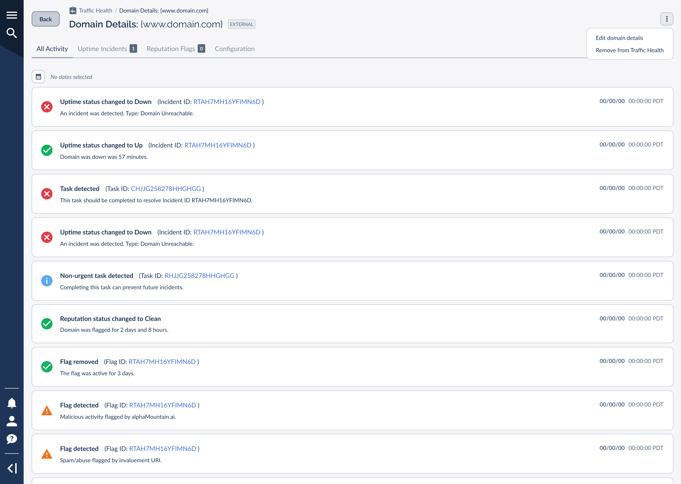 The external-domain action menu showing Edit domain details and Remove from Traffic Health
