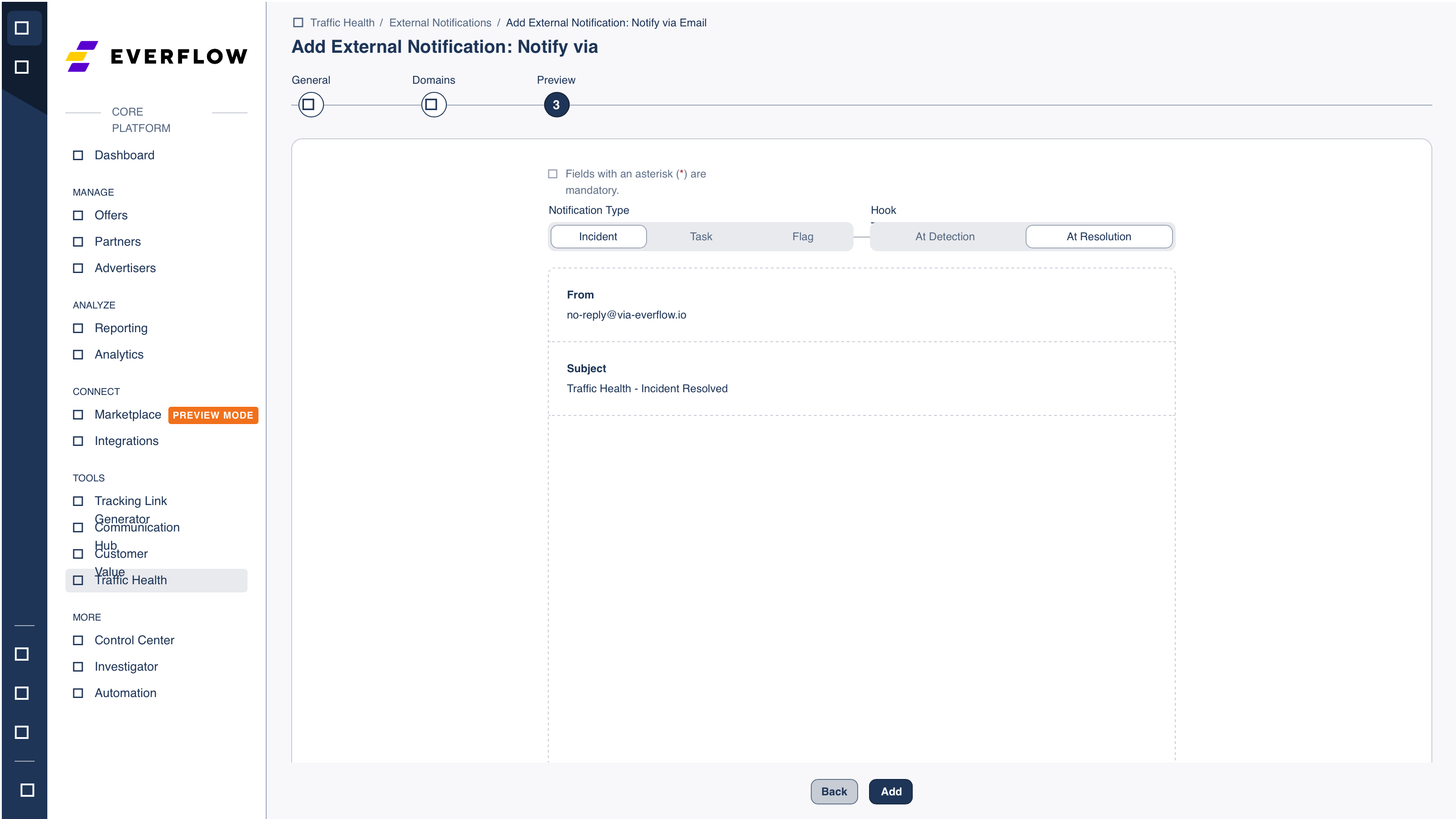 The Email Preview step showing the rendered message and the type and stage toggles