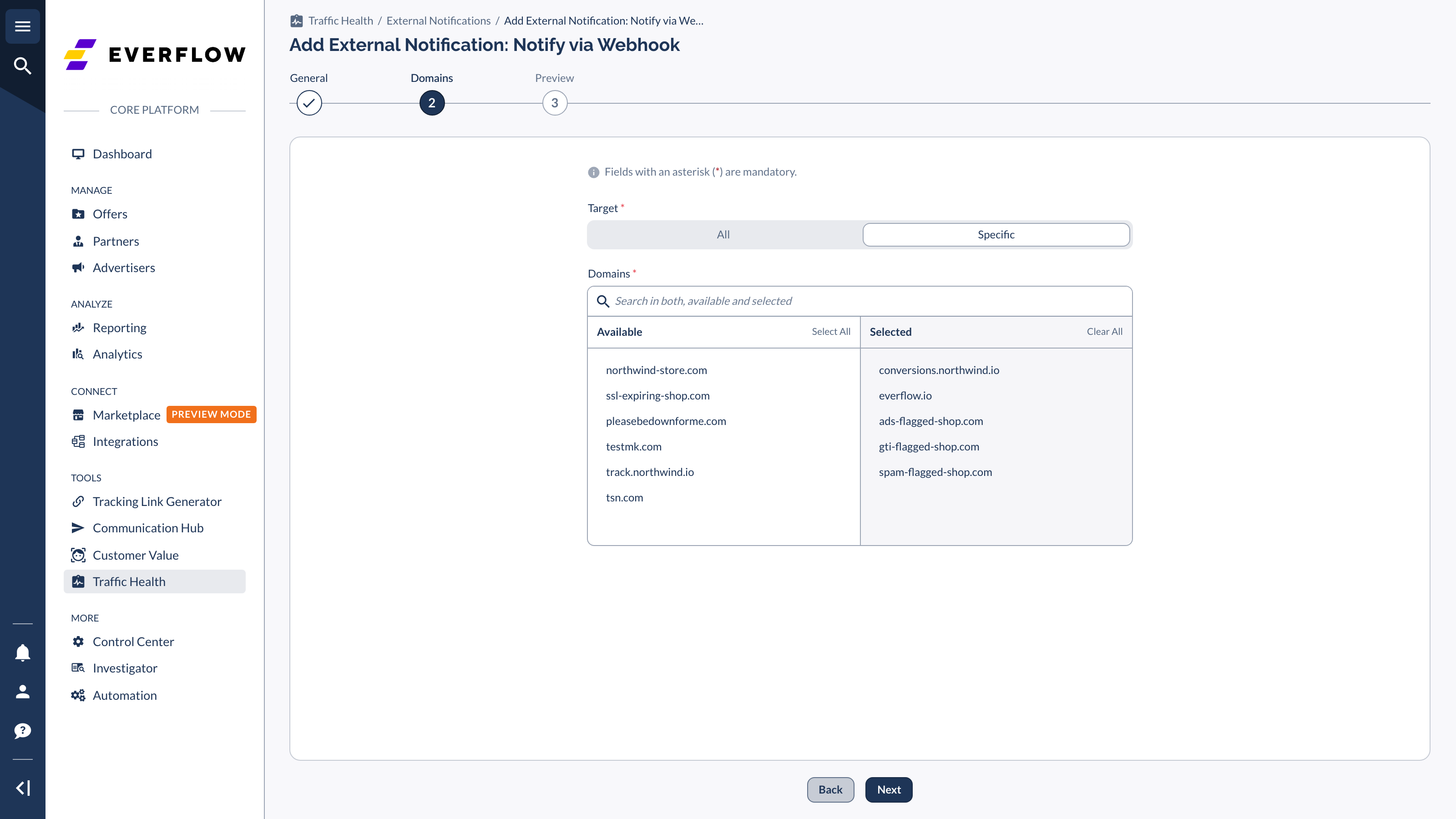 The Specific domain picker with Available and Selected panes