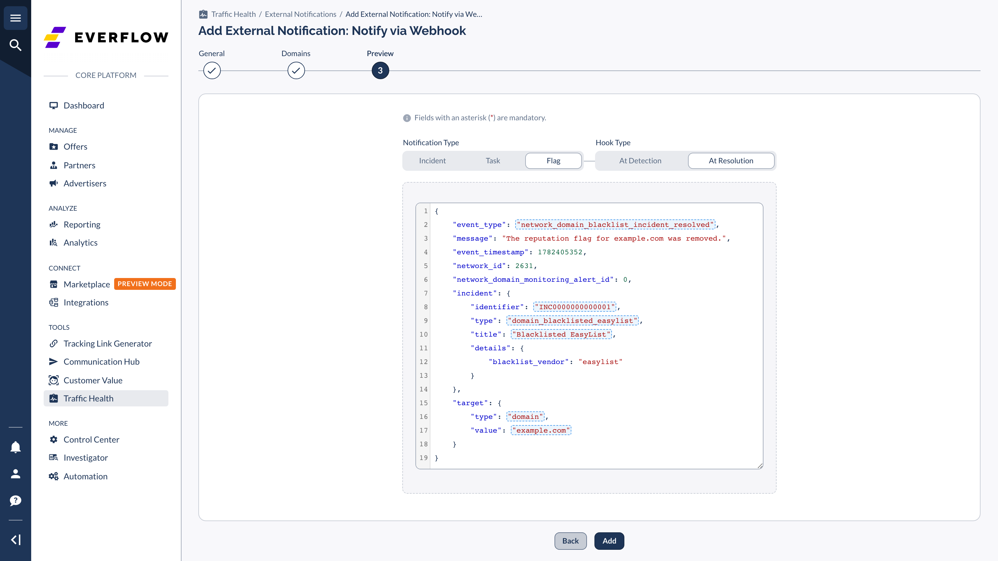 The Webhook Preview step showing the full JSON notification body