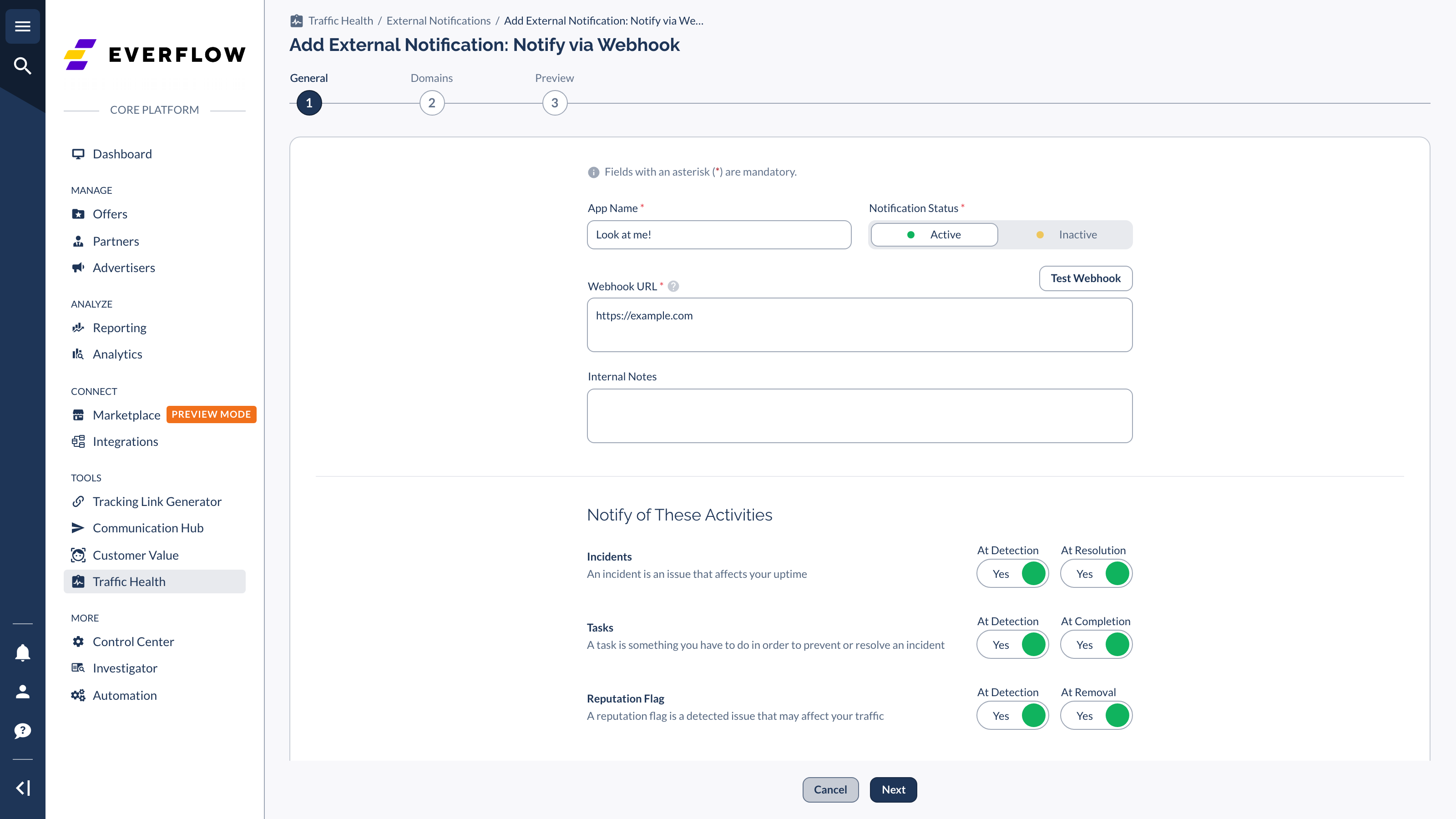 The Webhook notification wizard, Step 1 General, with the Webhook URL field