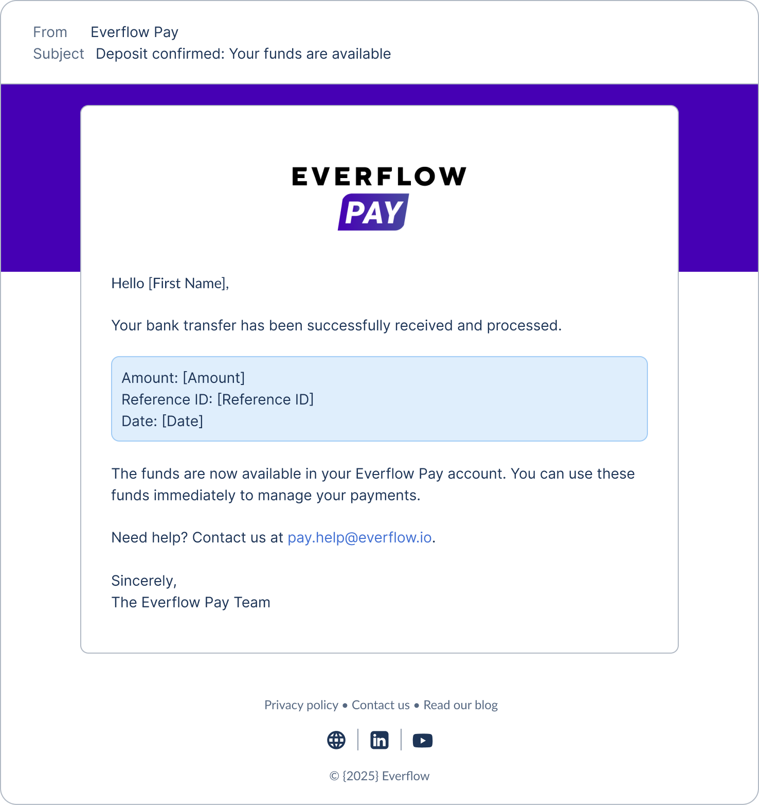 Email notification: deposit confirmed, your funds are available