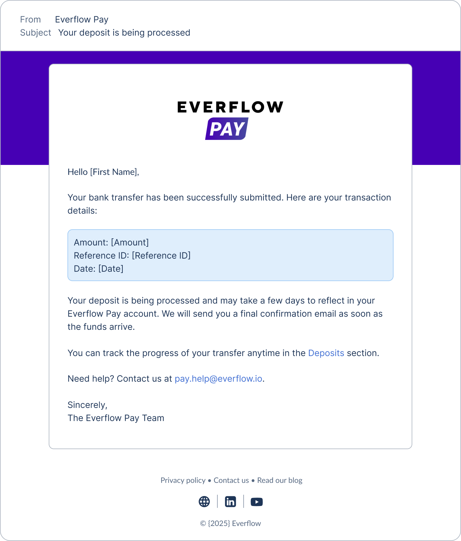 Email notification: your deposit is being processed