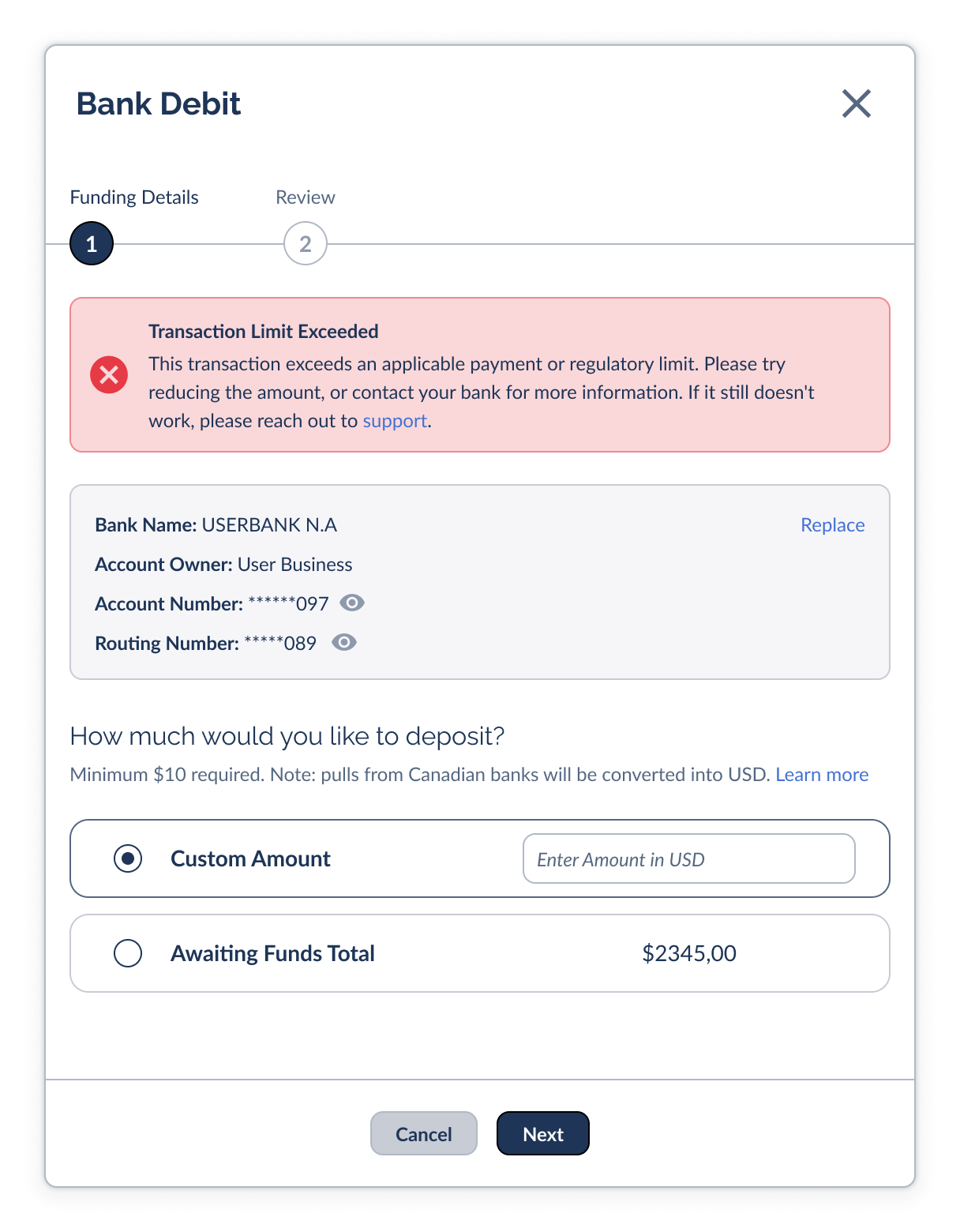 Bank Debit funding modal showing a red error banner (Transaction Limit Exceeded)