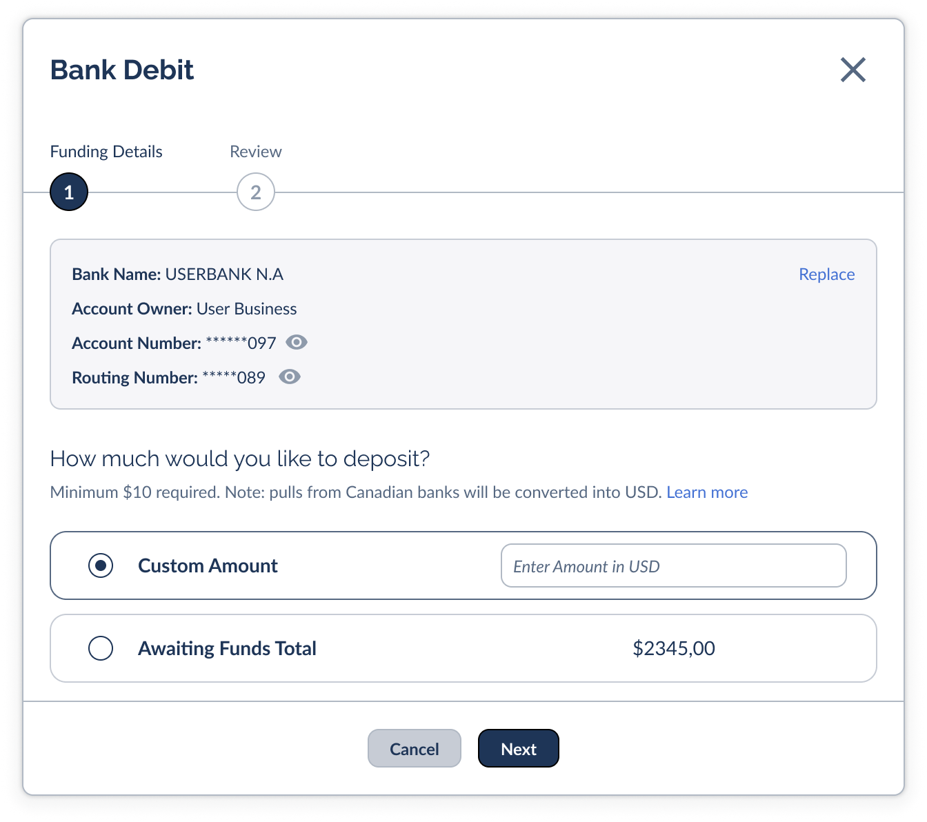 Your saved bank account, with the Replace option in the corner