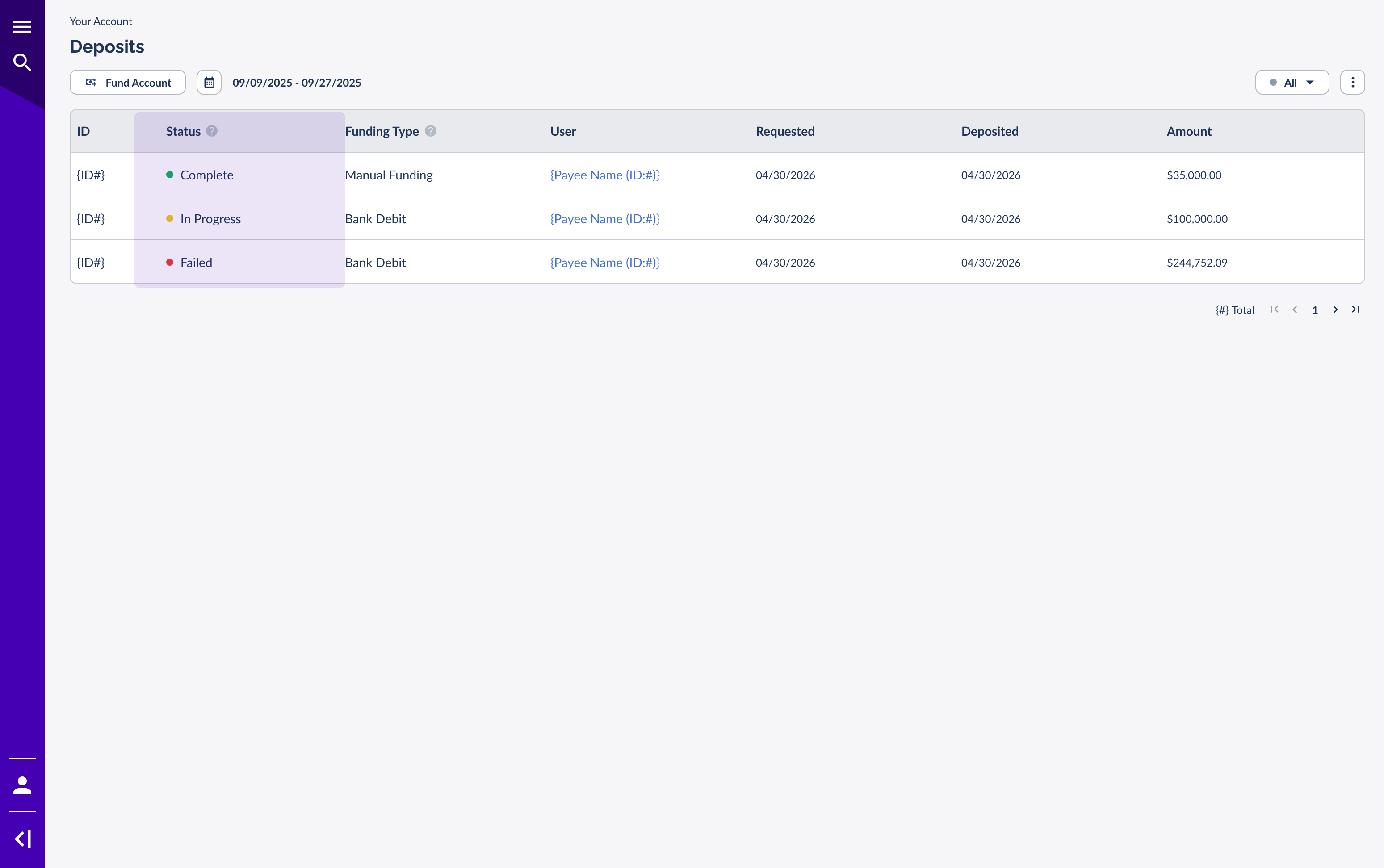 The Deposits list with the Status column highlighted, showing Complete, In Progress, and Failed
