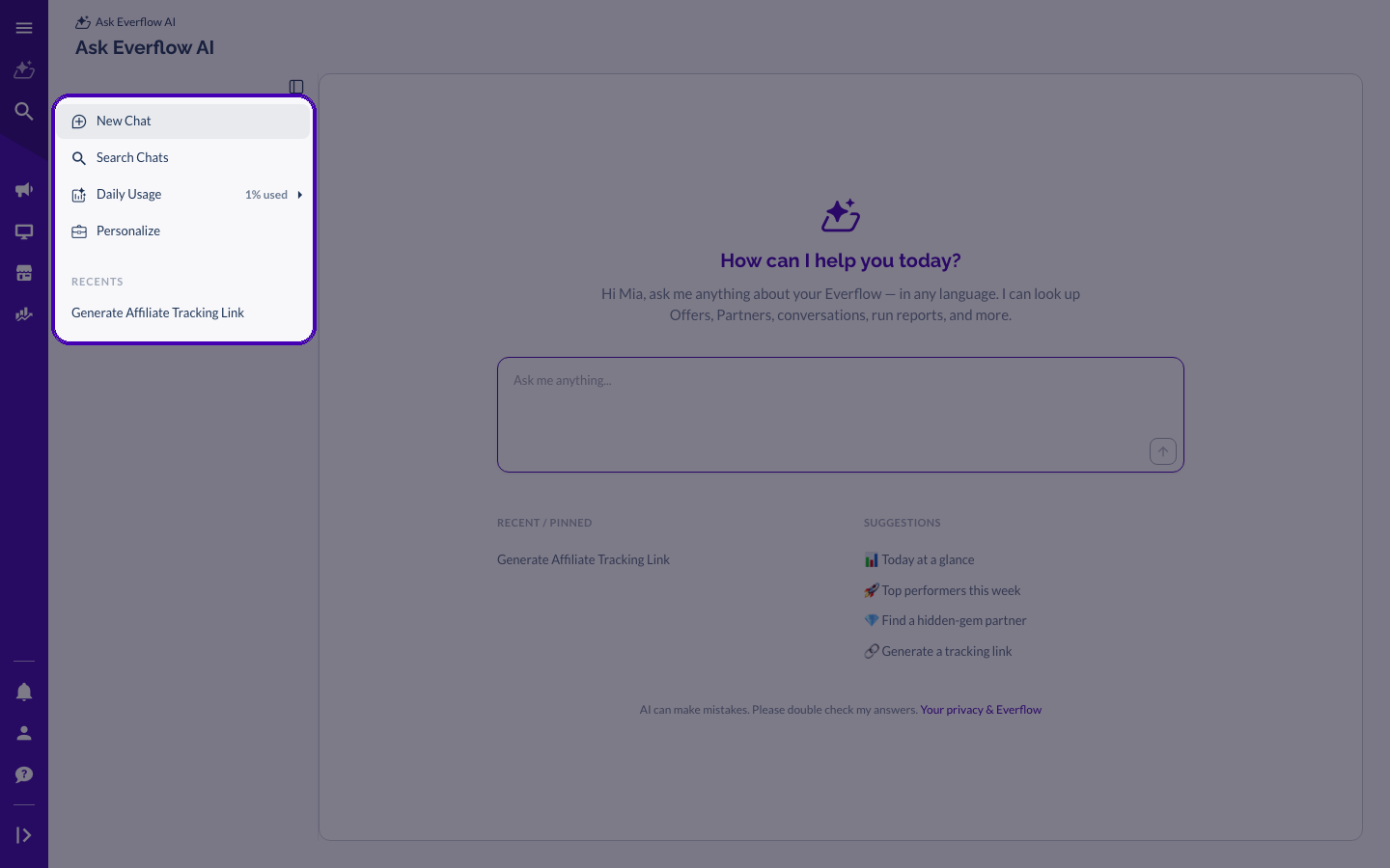 The full-page Ask Everflow AI workspace with the welcome screen and suggested prompts