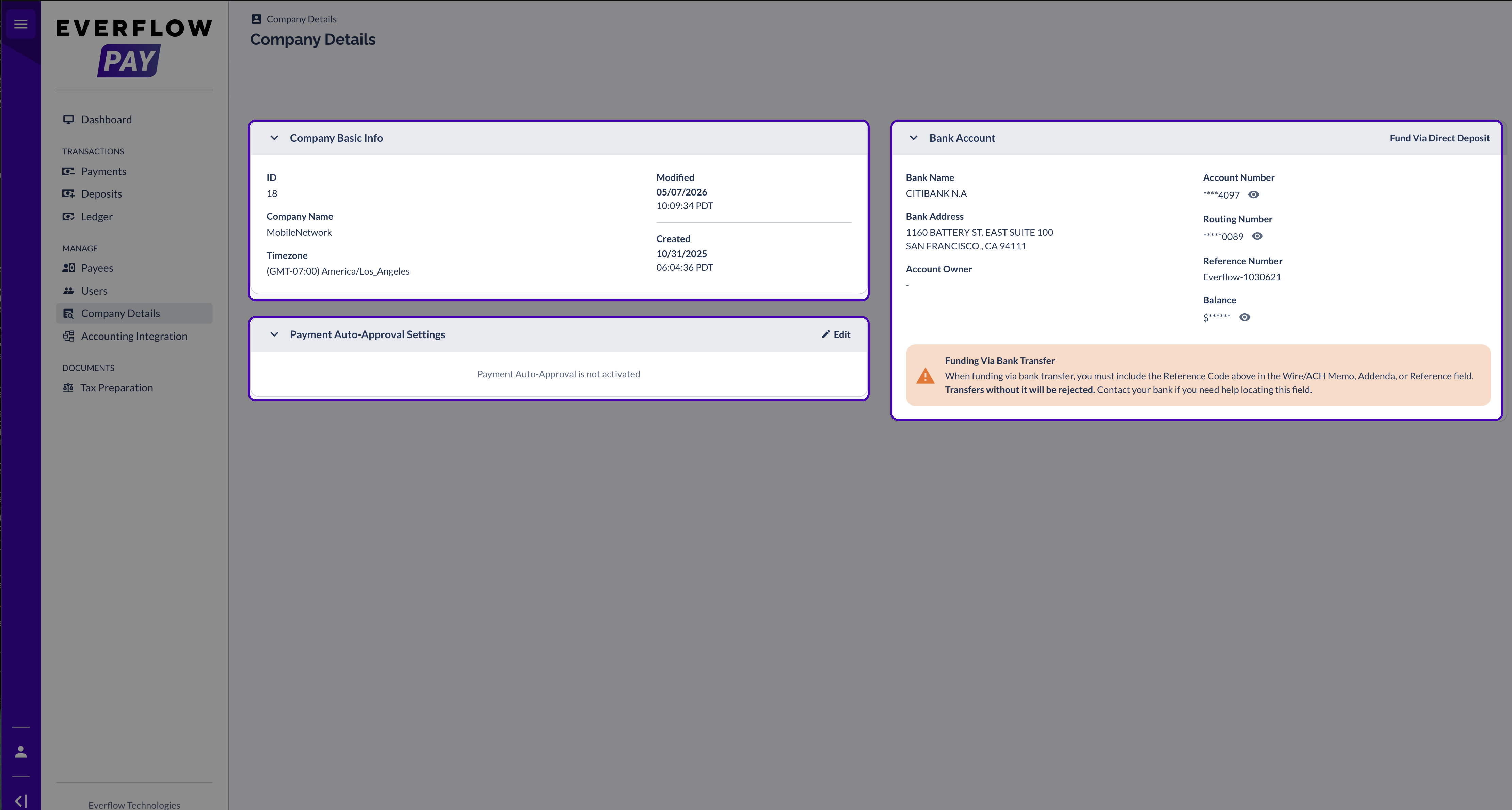 Active Payment Auto-Approval Settings card