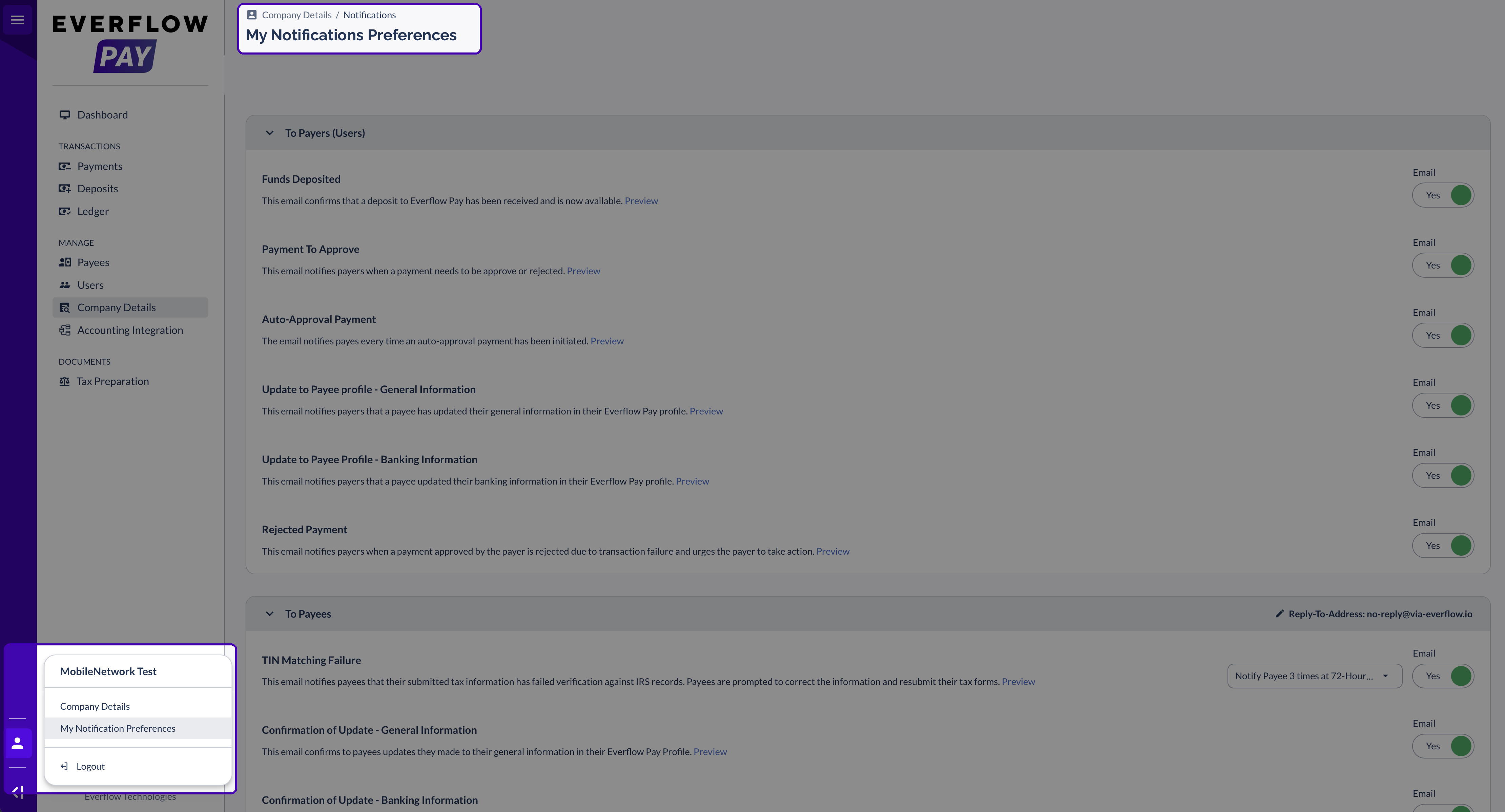 Accessing My Notification Preferences in Everflow Pay