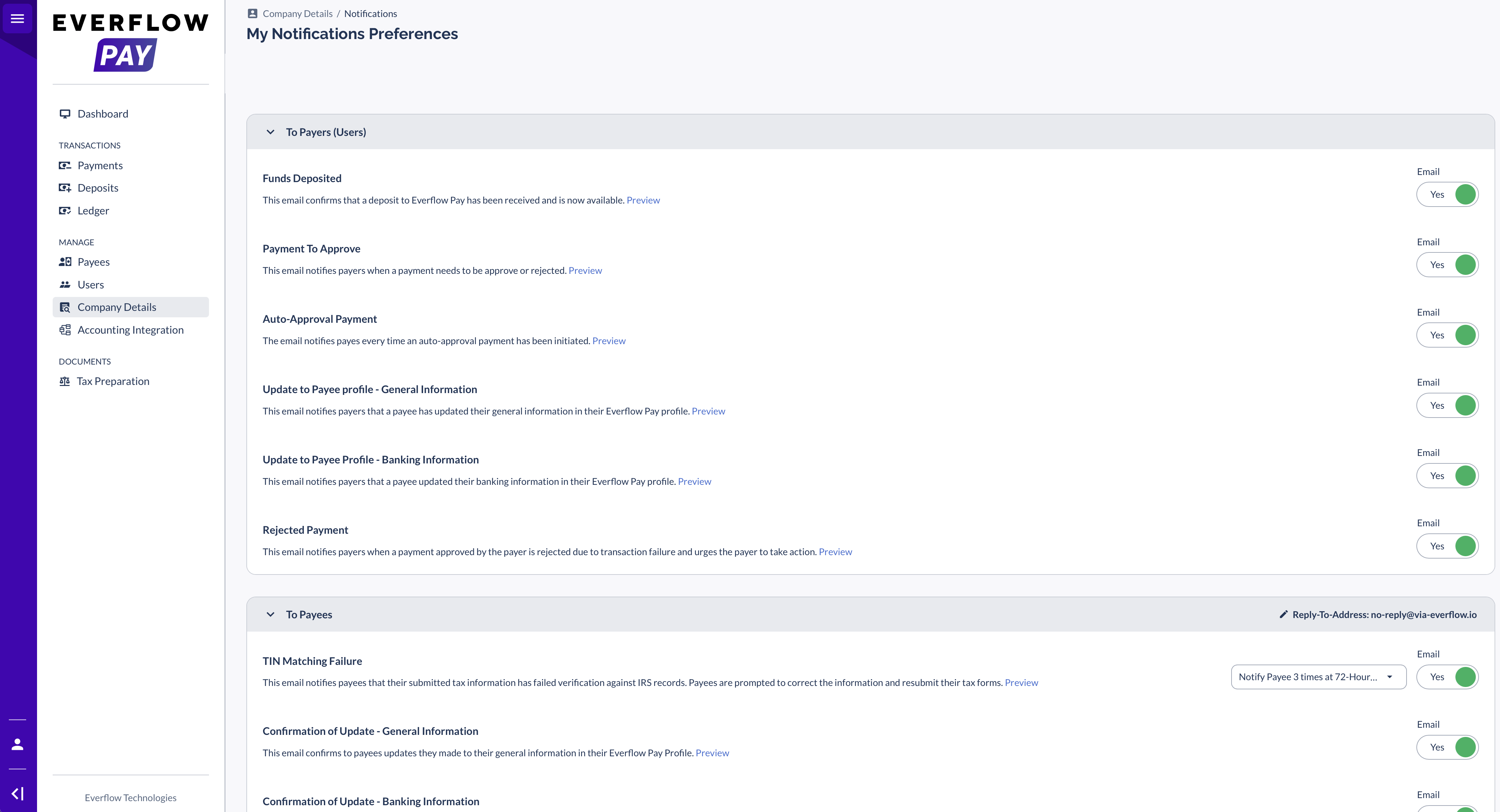 Everflow Pay My Notification Preferences page with payer and payee email toggles