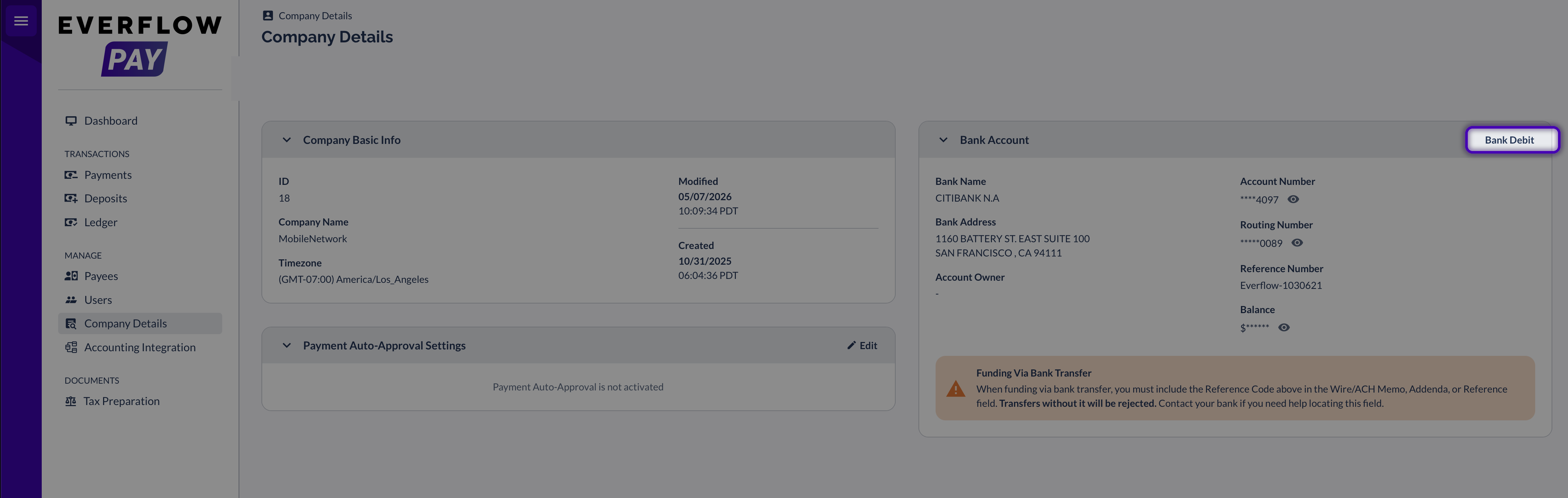 Bank Debit funding button in the Bank Account card on the Company Details page
